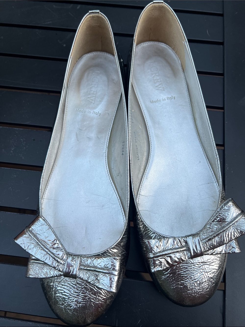 J.Crew Metallic Silver Bow Ballet Flats Size 9.5 Made in Italy Leather